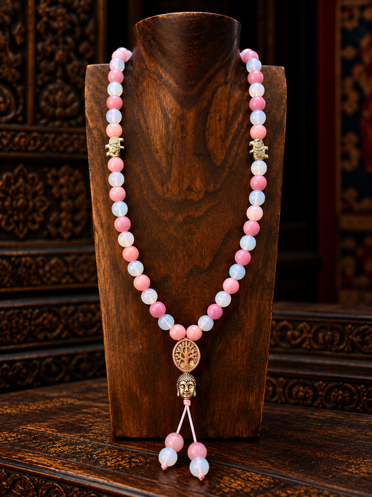 Mala con 108 Grani in Quarzo Rosa e Calcedonio – Simbolo di Amore, Saggezza e Armonia Spirituale