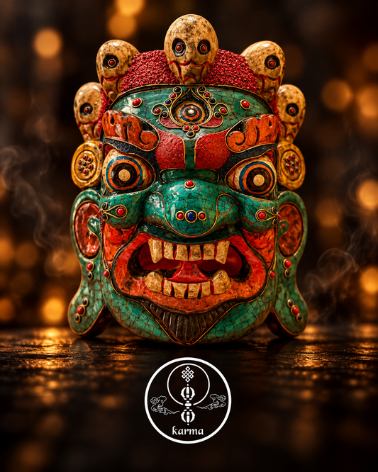 Maschera di Mahakala in Legno con Turchese, Corallo e Lapislazzuli – Arte Sacra Tibetana