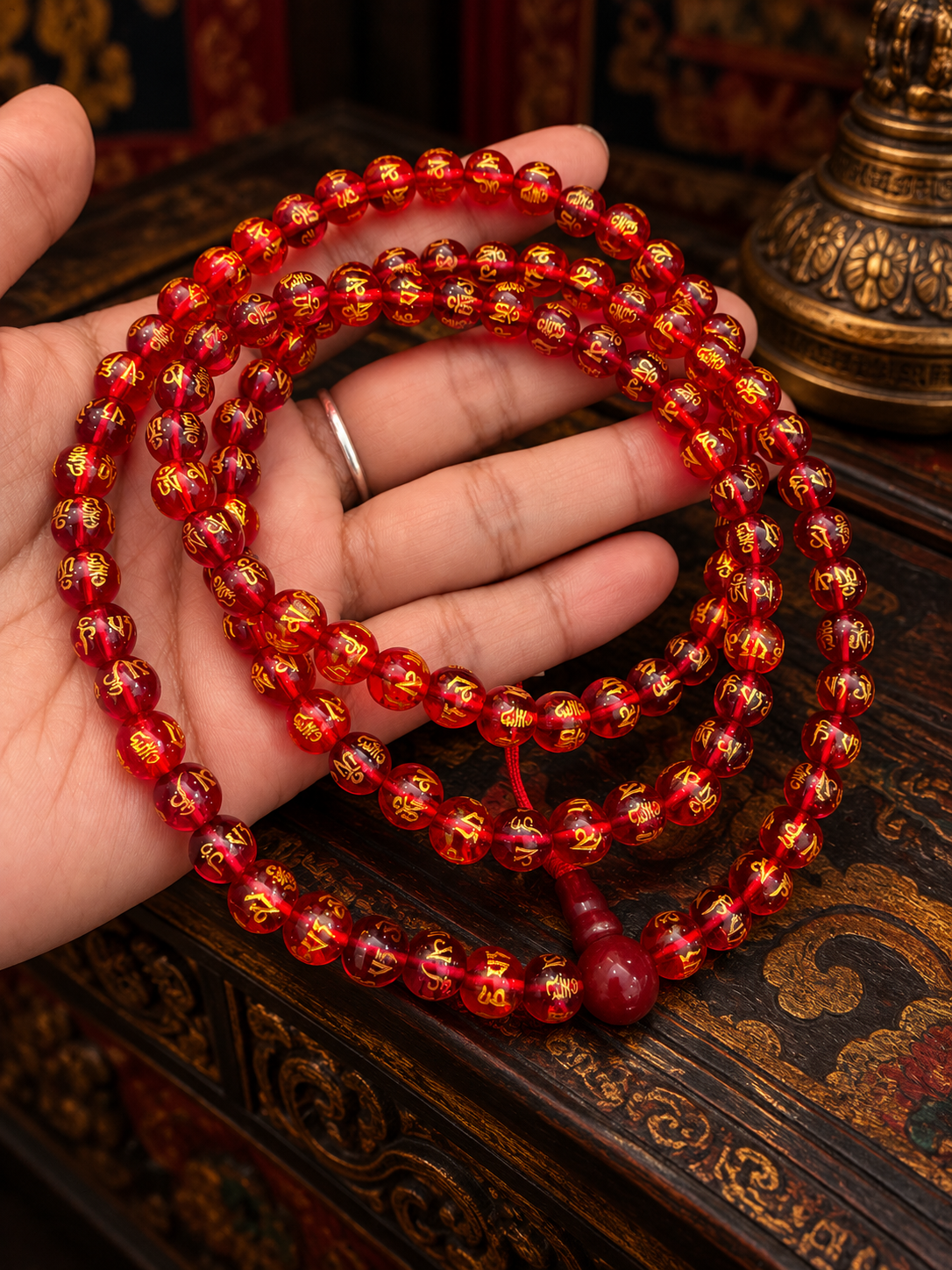 Mala Tibetano in Onice Rosso – 108 Grani con Mantra Om Mani Padme Hum