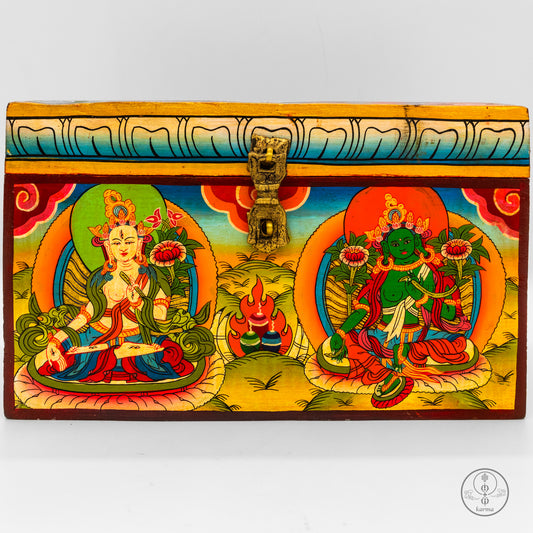 Scatola in legno di divinita Tara Bianca e Tara Verde