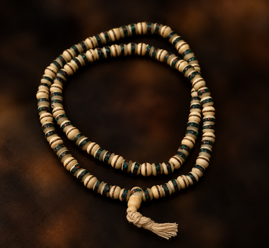 Mala tibetana in osso decorata con vernice turchese