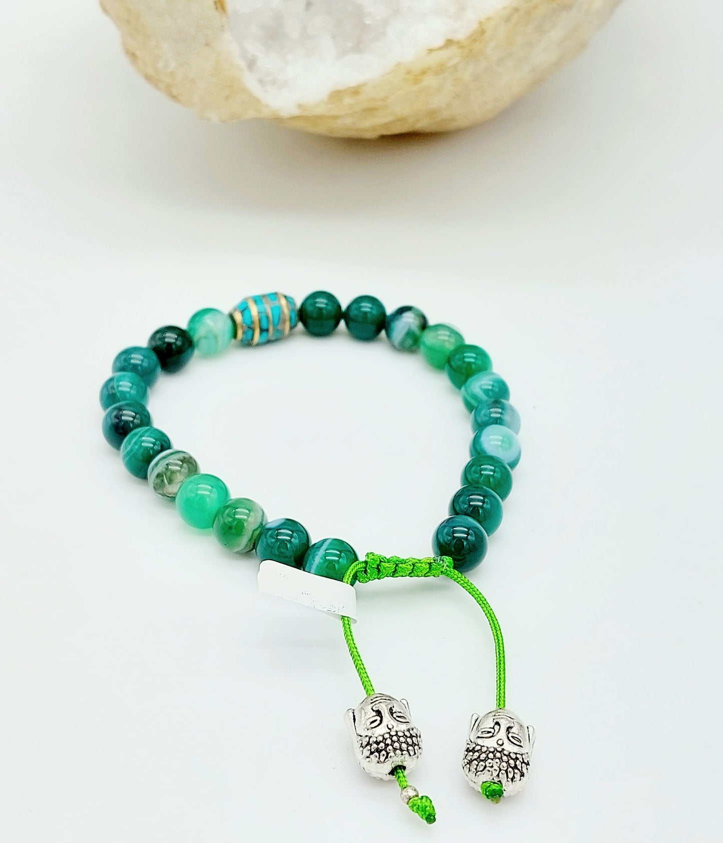 Braccialetto agata verde con la testa di Buddha