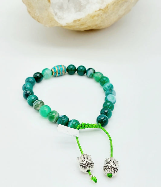 Braccialetto agata verde con la testa di Buddha