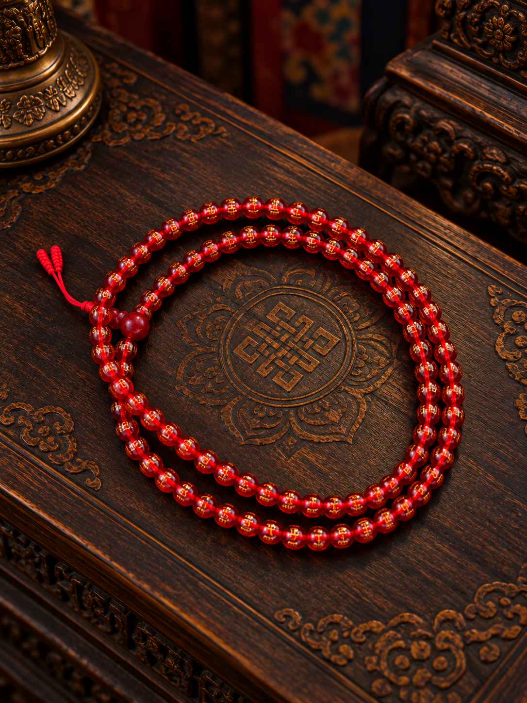 Mala Tibetano in Onice Rosso – 108 Grani con Mantra Om Mani Padme Hum
