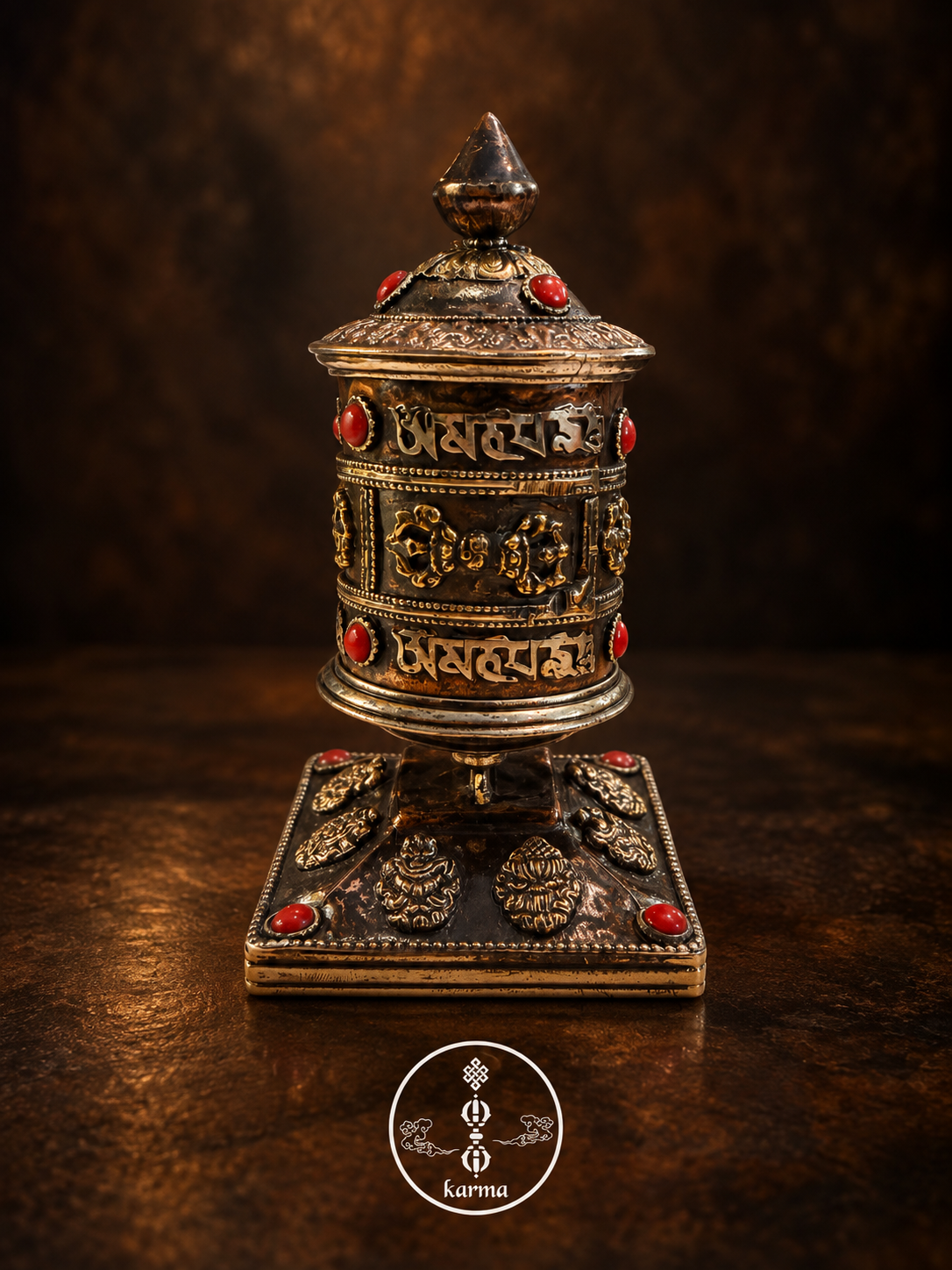 Ruota di Preghiera Tibetana da Appoggio in Rame e Ottone – Om Mani Padme Hum