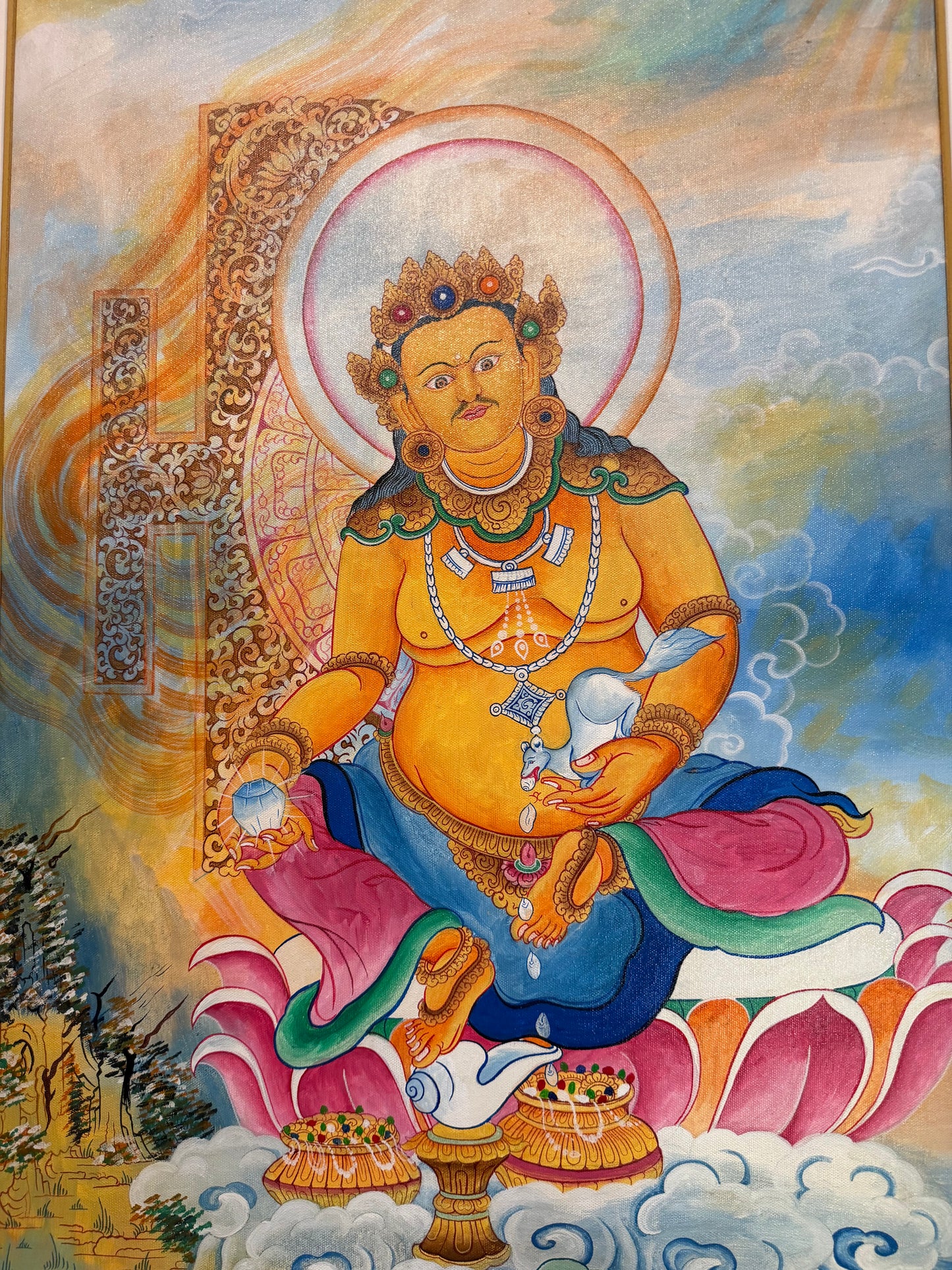Thangka di Zambala Dipinto a Olio, Realizzato a Mano in Nepal -Un Capolavoro di Arte e Spiritualità