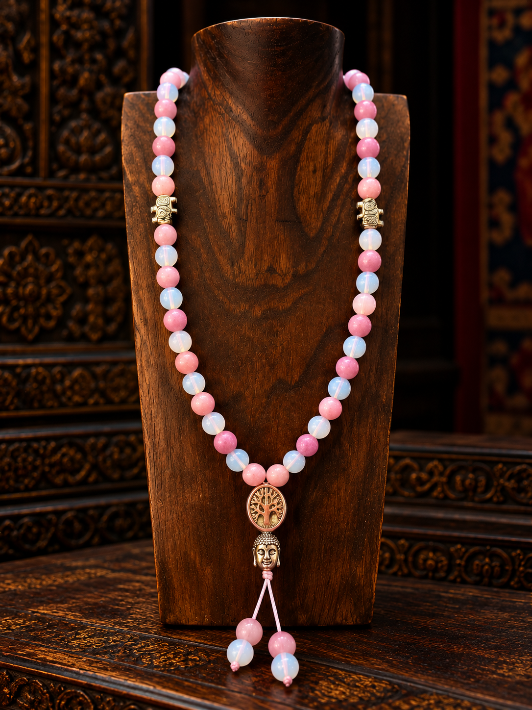 Mala con 108 Grani in Quarzo Rosa e Calcedonio – Simbolo di Amore, Saggezza e Armonia Spirituale