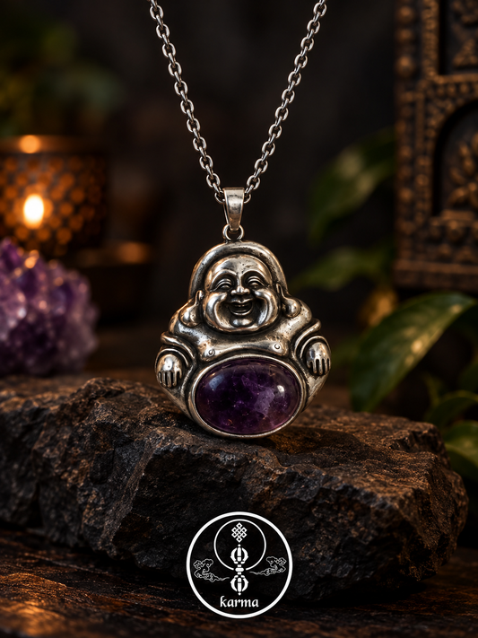 Ciondolo Buddha Sorridente con Ametista Scura Naturale – Simbolo di Felicità, Prosperità e Protezione