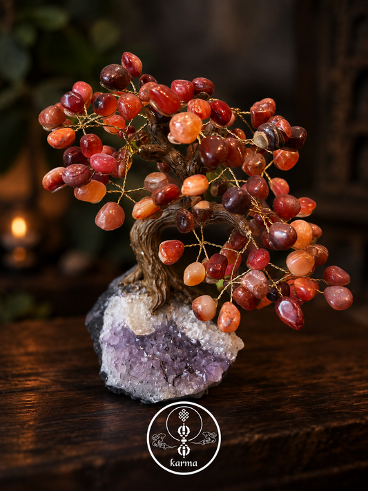 Albero della Vita in Corniola Naturale con Base in Ametista Grezza – Creazione Artigianale Unica
