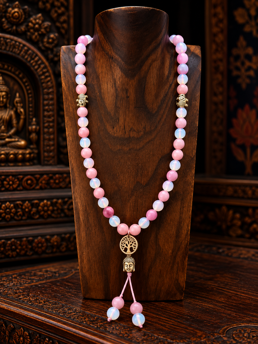Mala con 108 Grani in Quarzo Rosa e Calcedonio – Simbolo di Amore, Saggezza e Armonia Spirituale