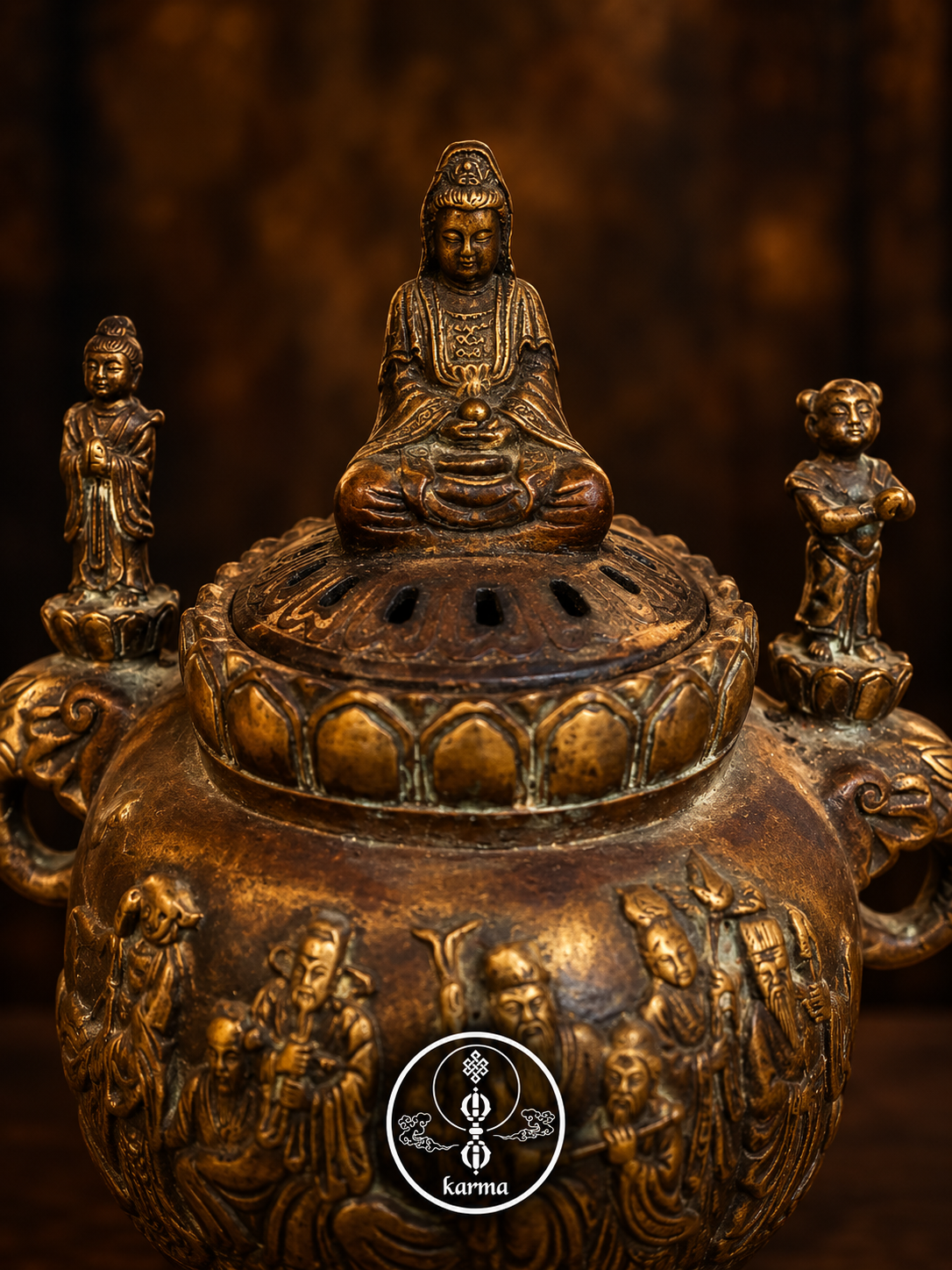 Bruciatore per Incenso in Ottone con Figure del Buddha