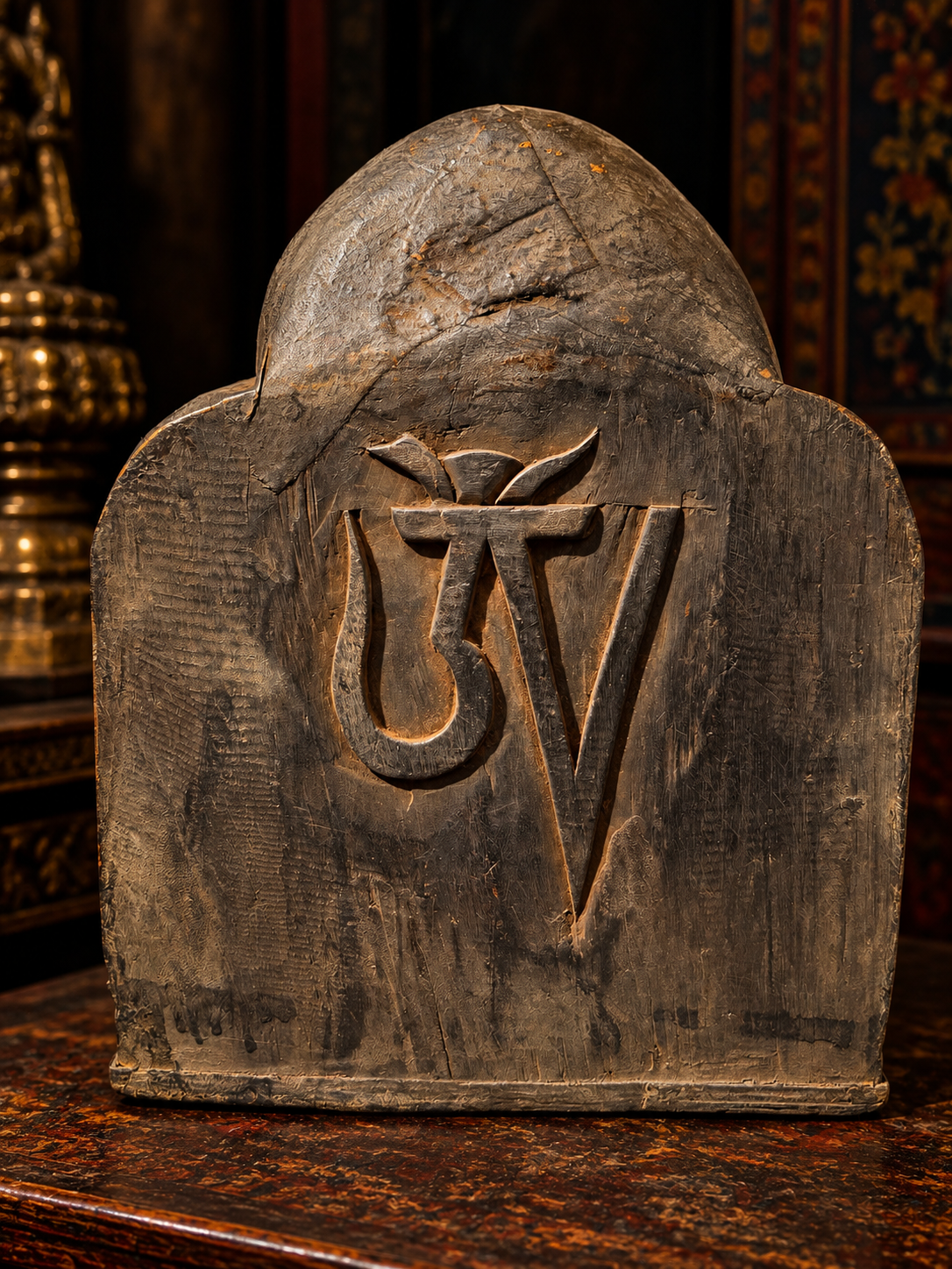 Antico Altare Buddhista  in Terracotta e Legno con Sei Divinità